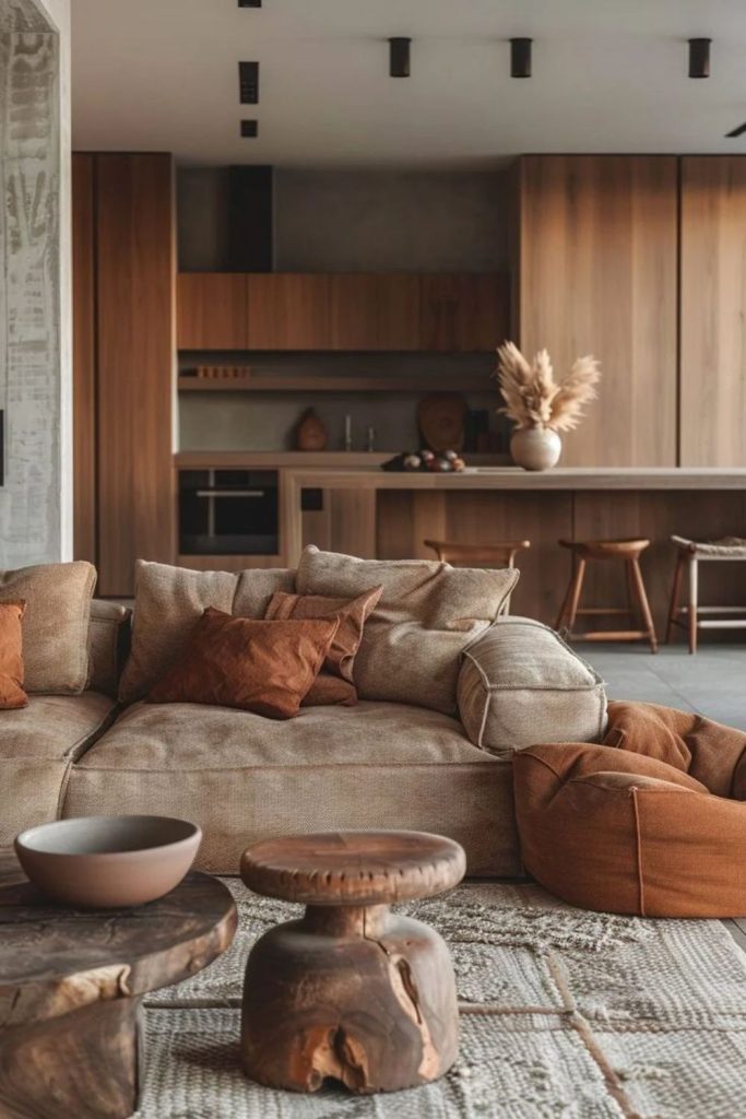 Warm earth tone broken plan lounge.