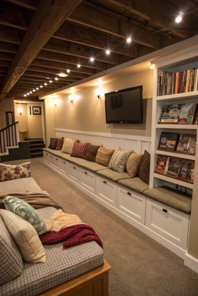 Warm farmhouse unfinished basement design