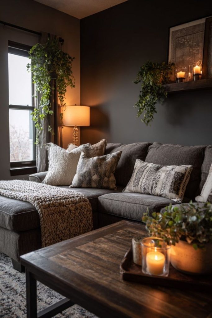 Warm grey escape with cosy furnishings.