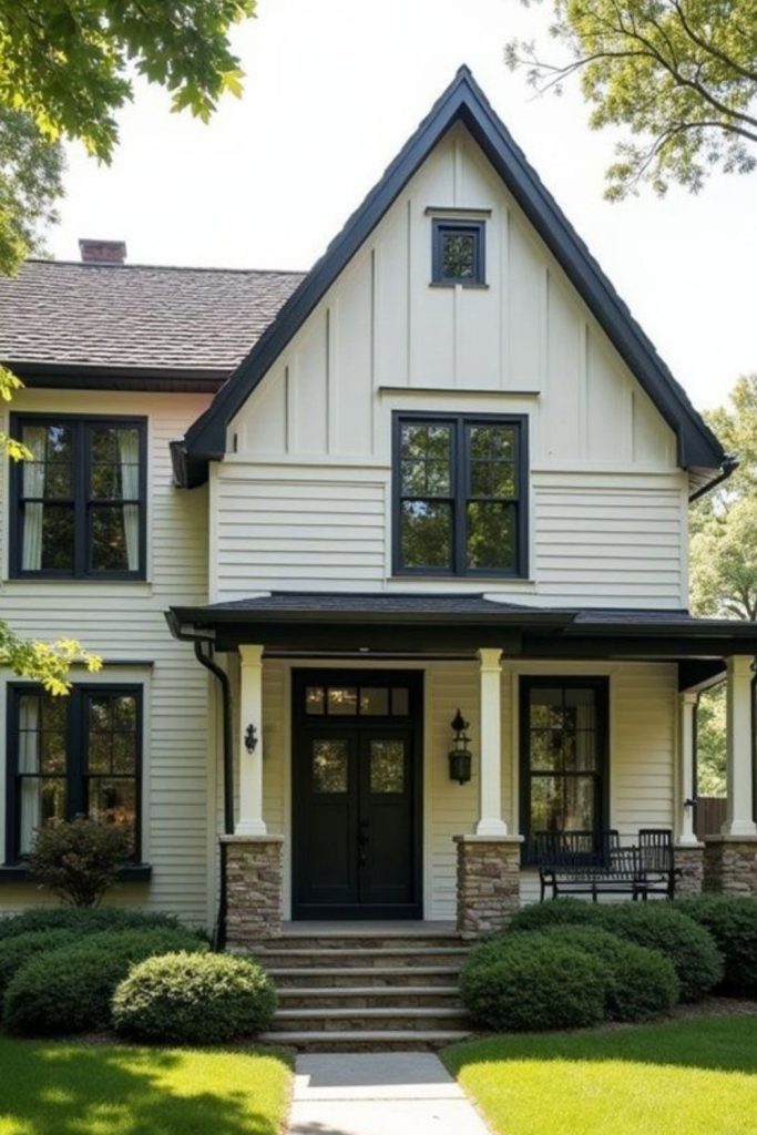 Warm ivory house with charcoal trim.