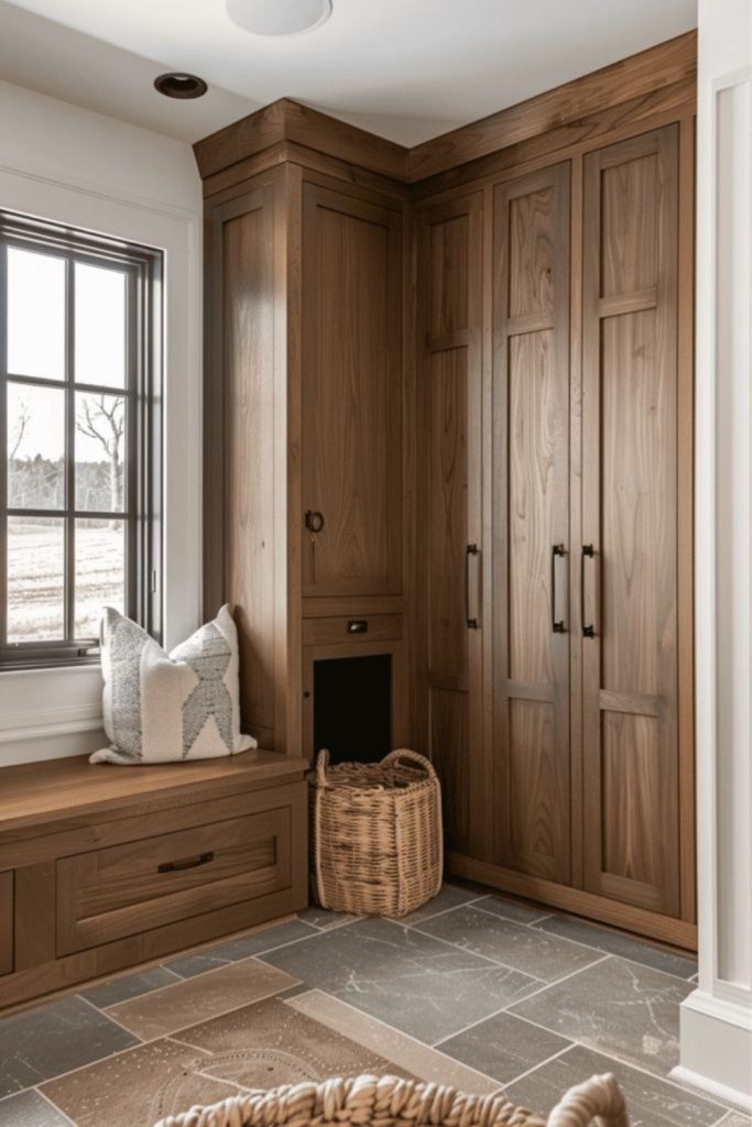 Warm oak mudroom entryway design