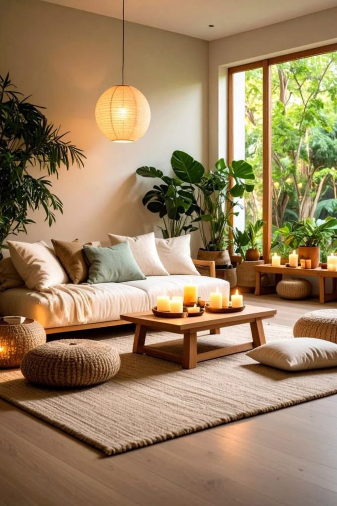 Warm oak Japandi living room.
