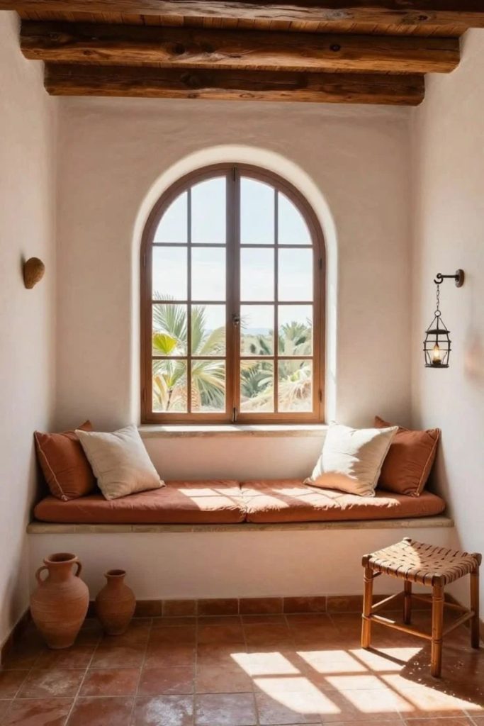 Warm terracotta window seat corner.