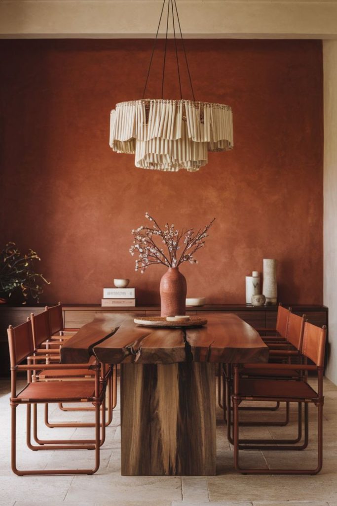 Terracotta dining room with natural wood.