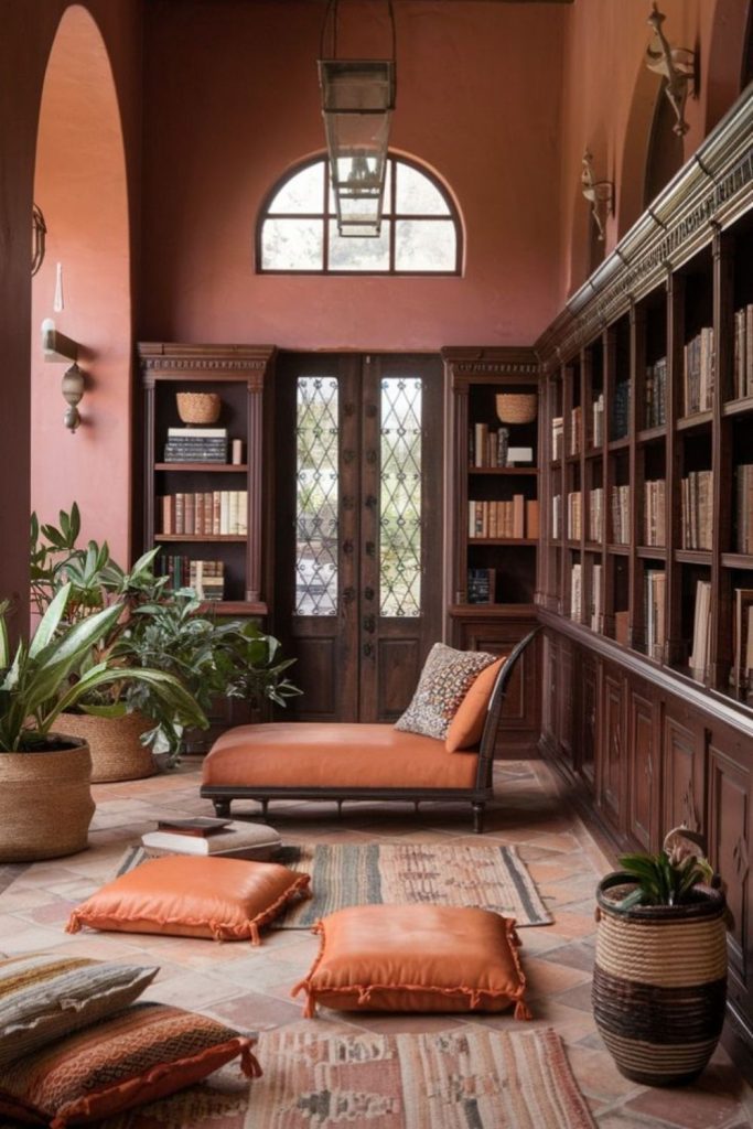 Warm terracotta library with oak shelving.
