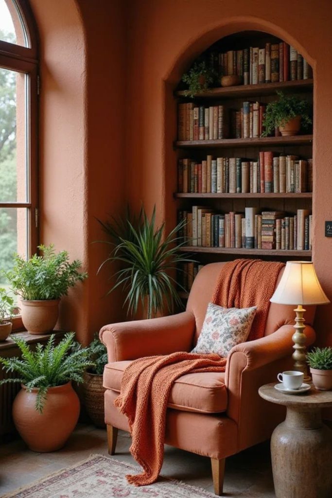Terracotta warm cozy reading retreat.