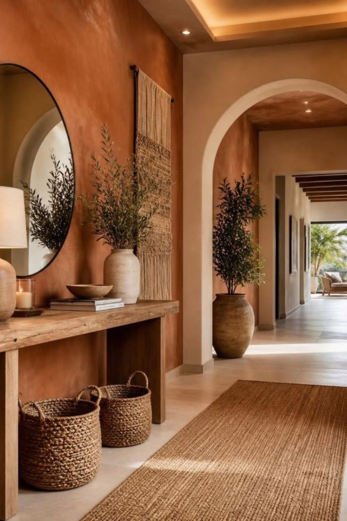 Warm terracotta entryway with natural decor