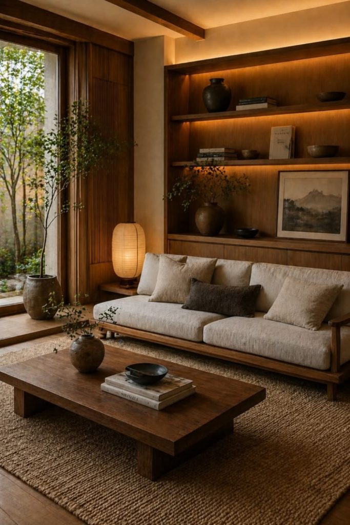 Warm walnut Japandi living room.