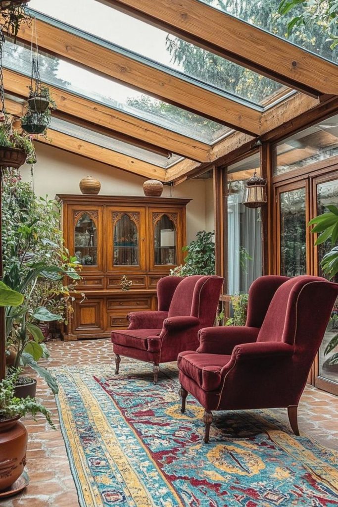 Warm wood conservatory with natural textures.