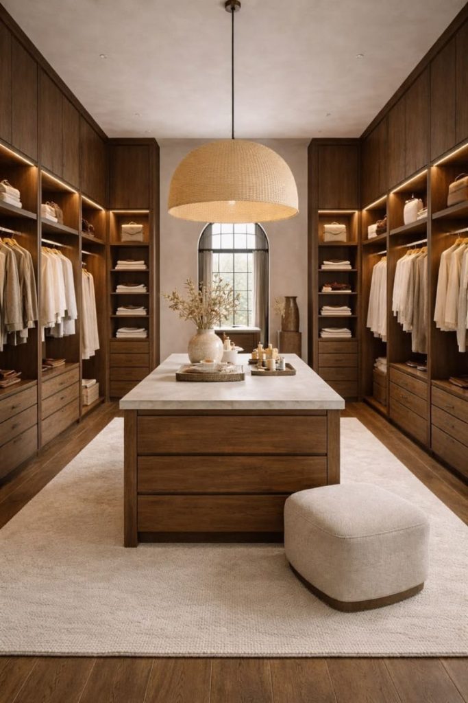 Warm wood walk-in dressing suite.