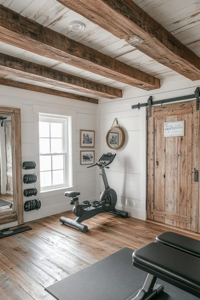 Warm wood home fitness room.