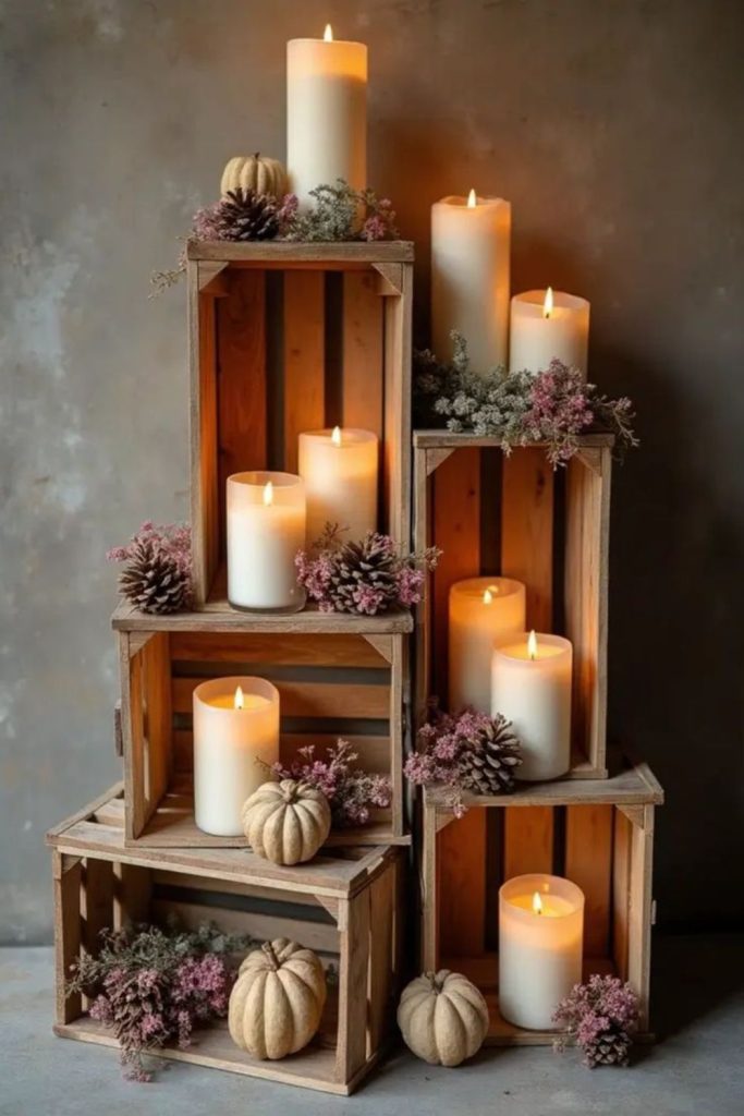 Weathered crates displaying glowing Halloween candles.
