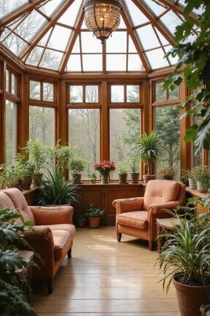 . Peaceful wellness conservatory filled with plants.