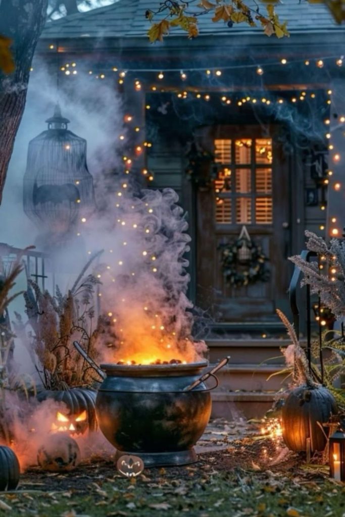 Witch cottage porch with bubbling cauldron.