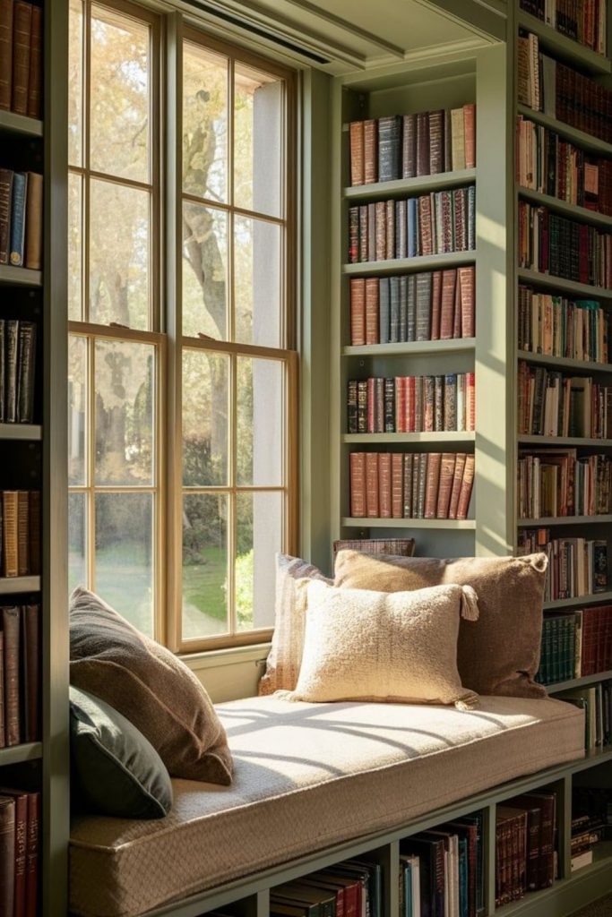 Window seat nook surrounded by bookshelves.