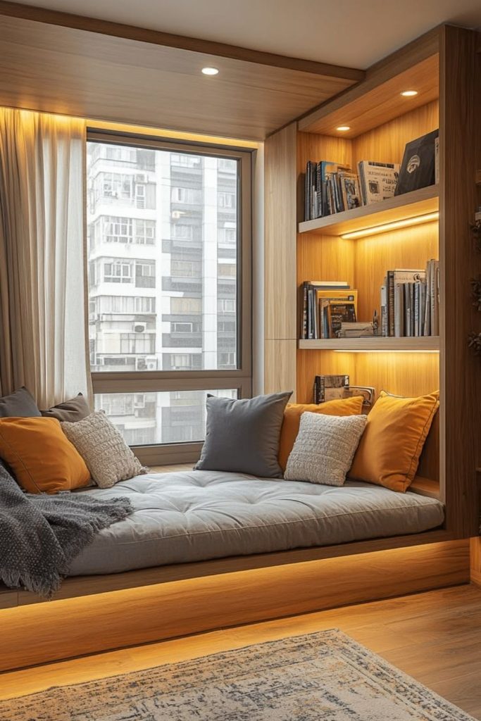 Window seat hideaway with soft cushions.