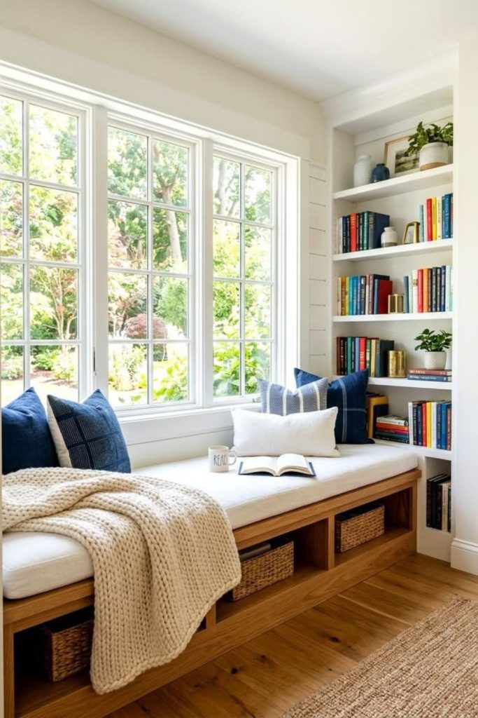 Sunlit window seat reading nook.