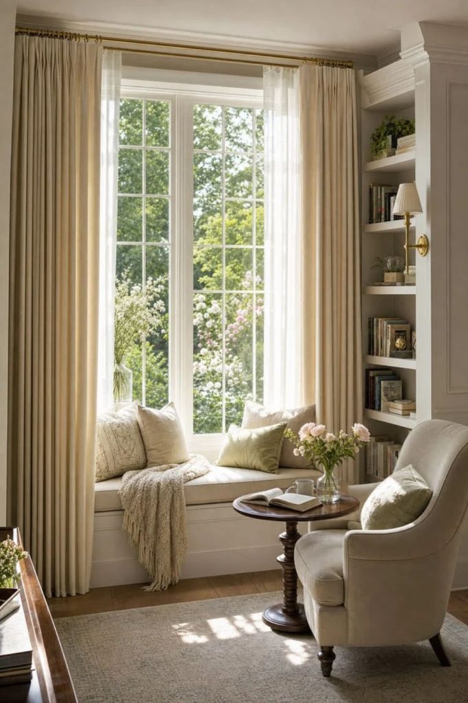 Cozy window seat with curtains.