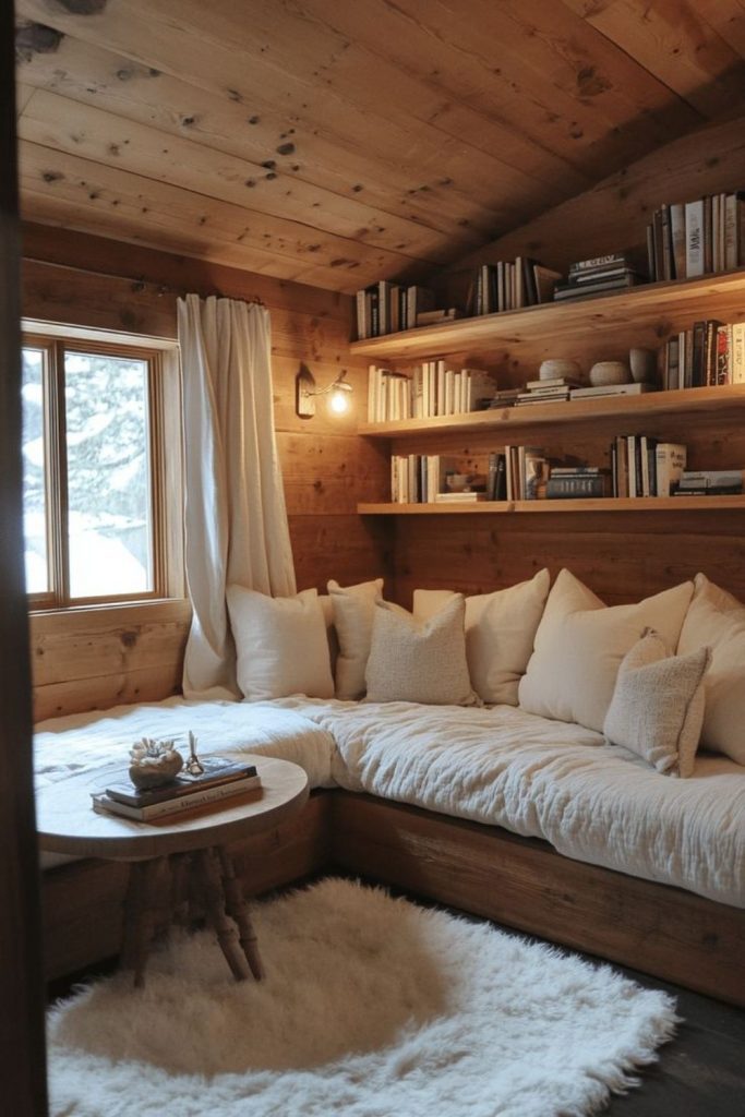 Winter chalet corner with chunky textiles.