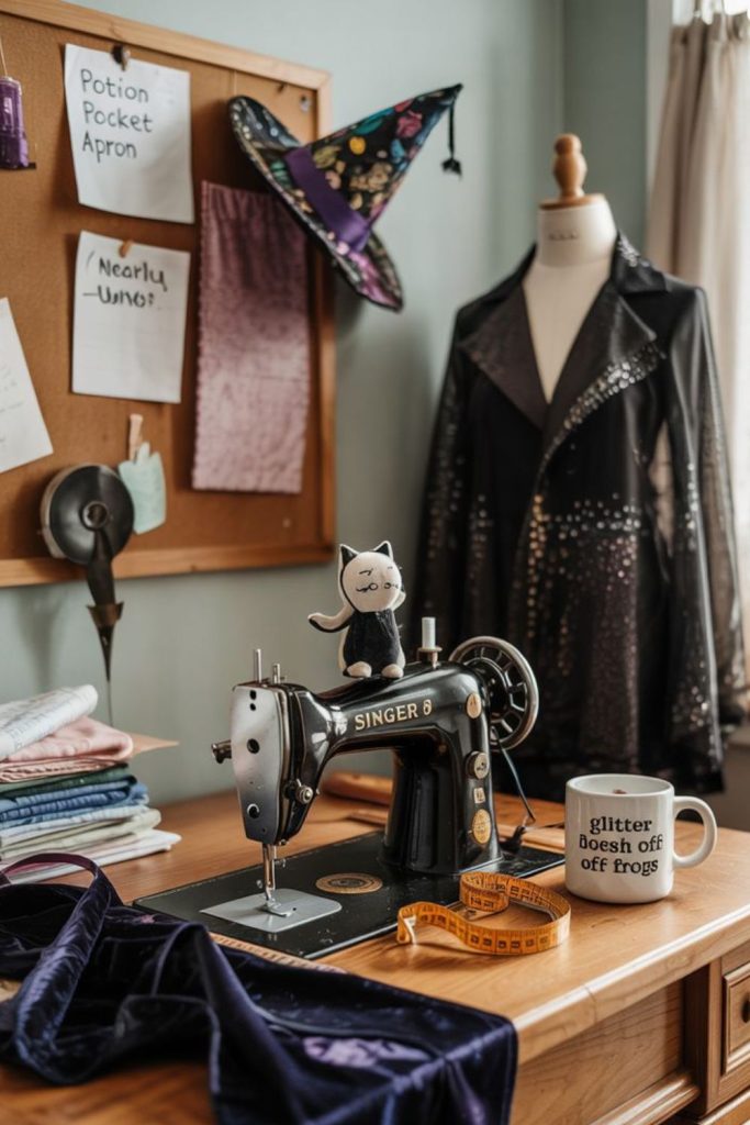 Vintage sewing room with witch decor.