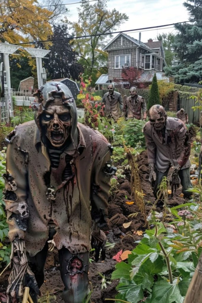 Zombie garden invading Halloween porch display.