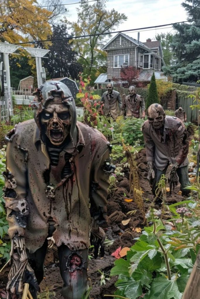 Zombies escaping across spooky front lawn.