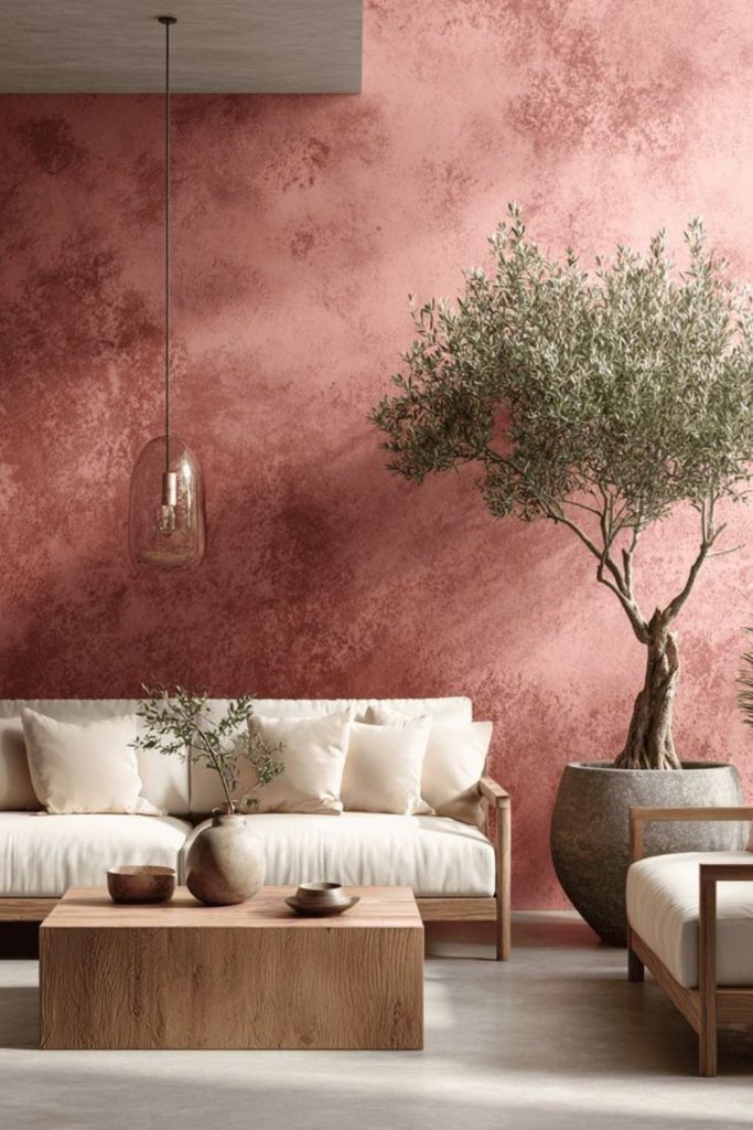 Aged rose mineral limewash wall.