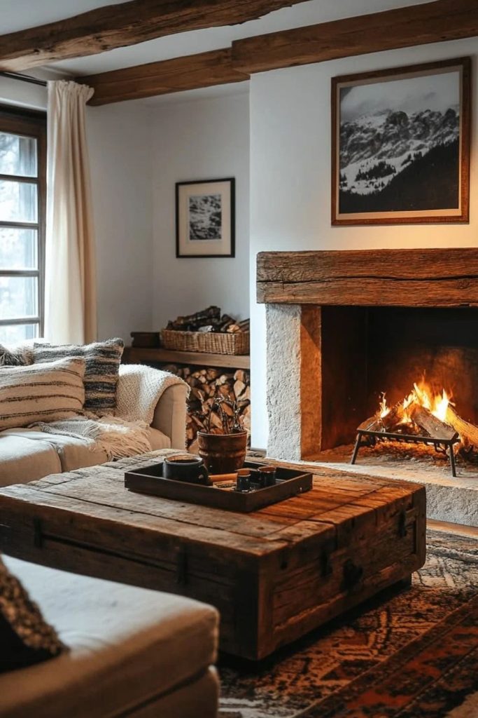 Alpine lodge living room with fireplace.