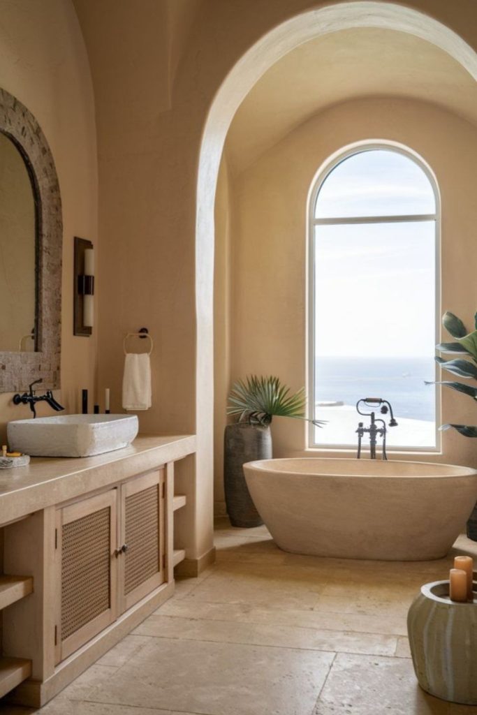 Arched Mediterranean ensuite bathroom interior.