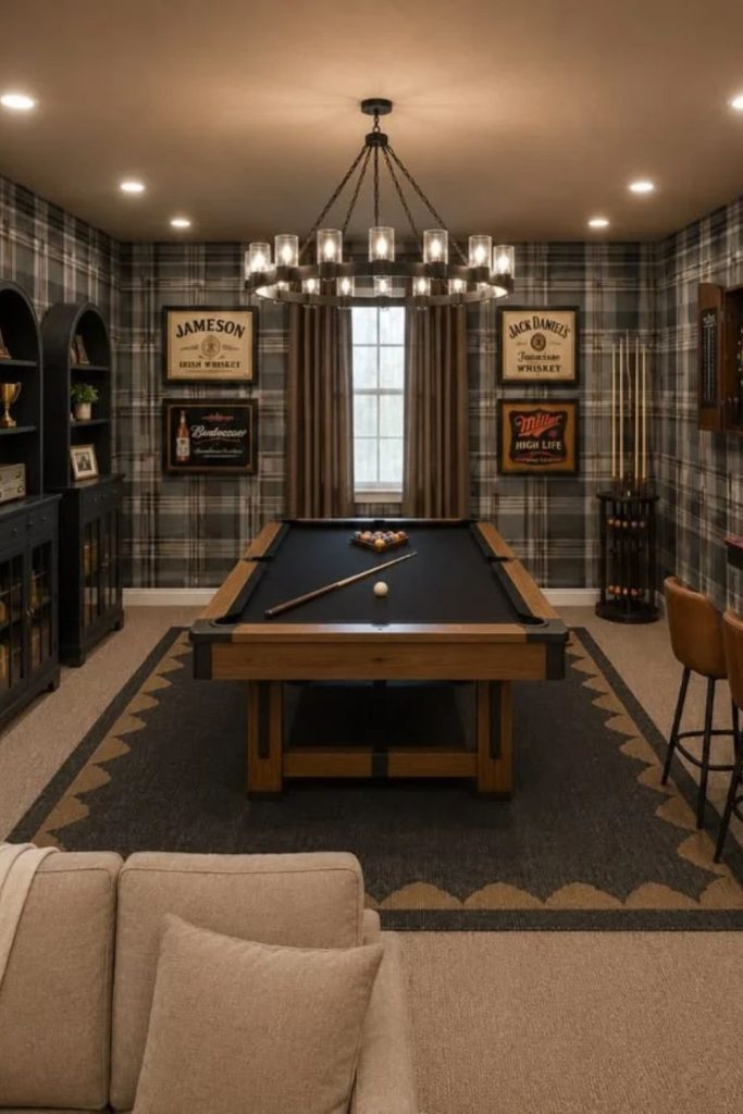 Basement billiards games room interior