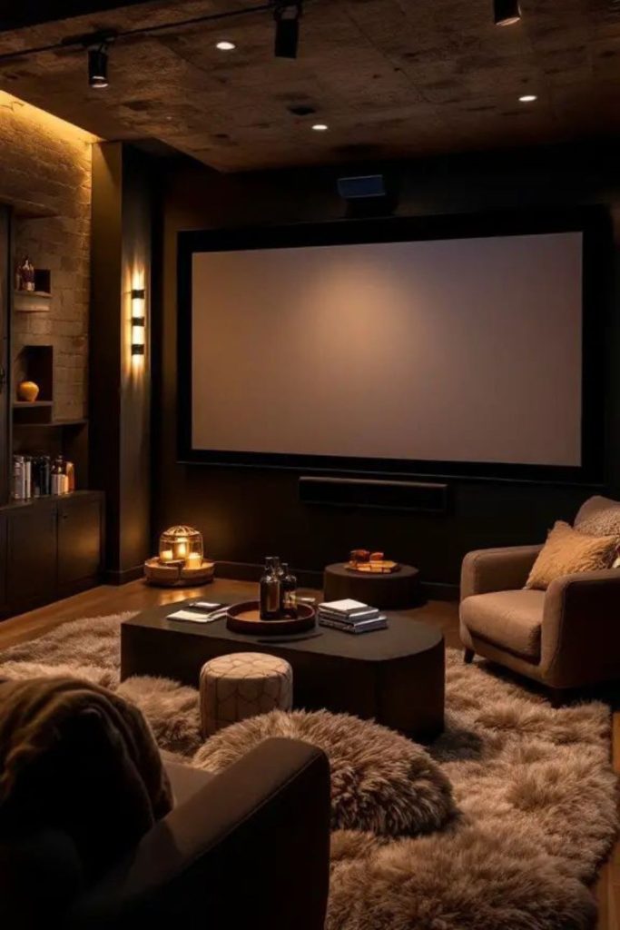 Luxurious basement home cinema setup.