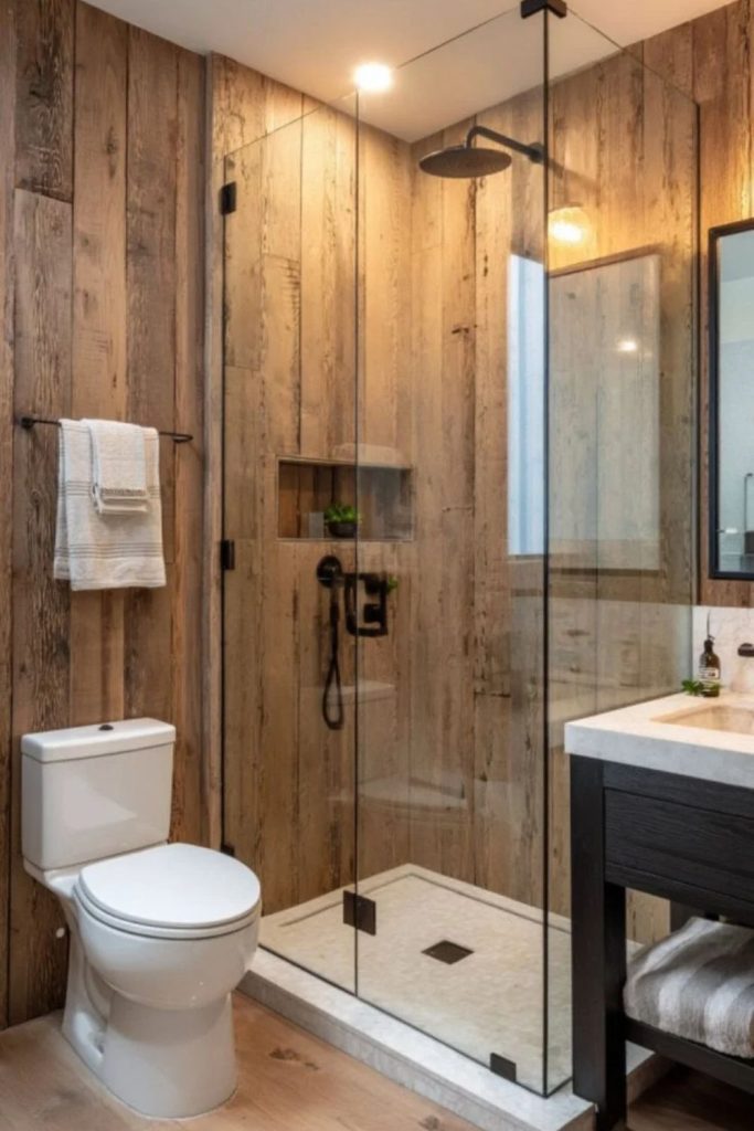 Spa-inspired bathroom shiplap wall with decor.