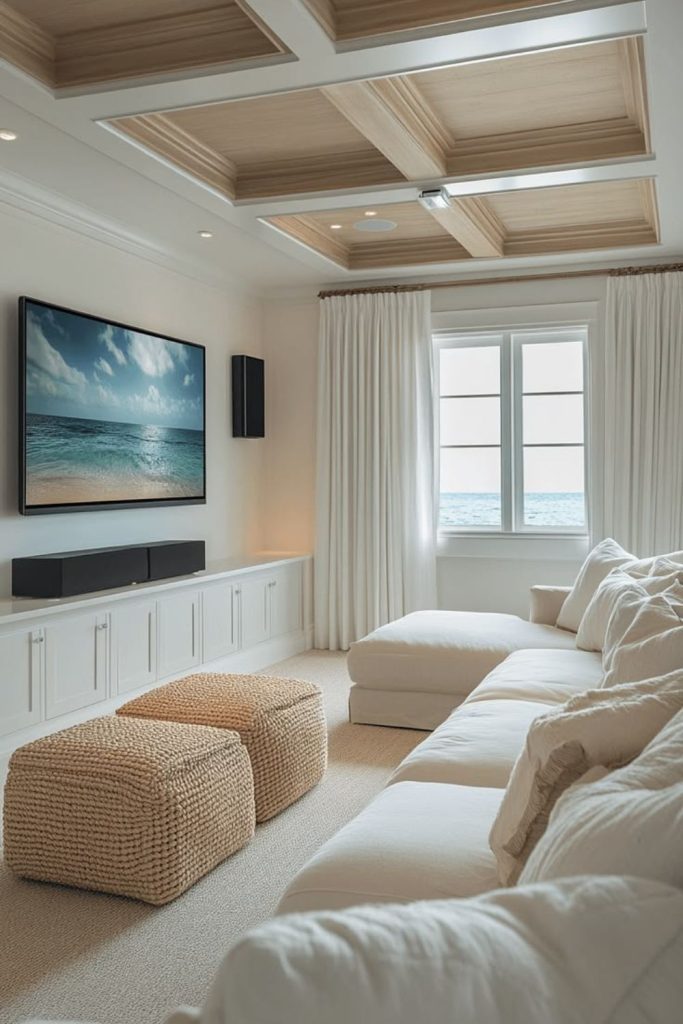 Relaxed coastal beach house cinema.