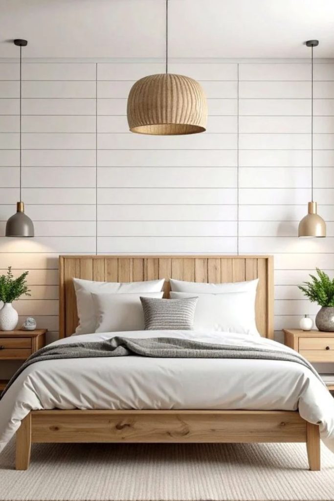 Bedroom shiplap headboard wall with bedding.