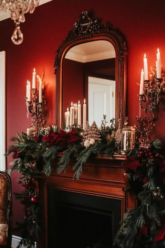 Romantic berry red Christmas mantel display.