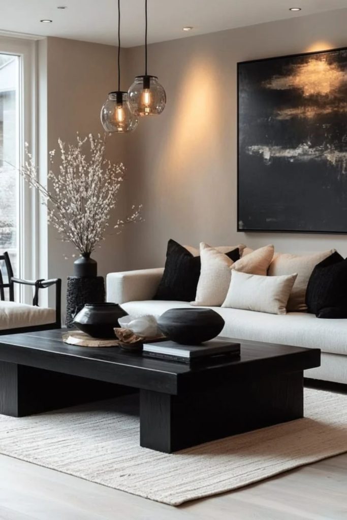 Black cream winter living room decor.