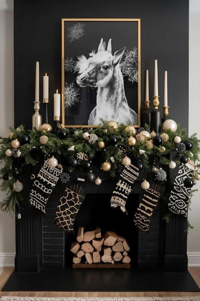 Sophisticated black gold Christmas mantel decor.