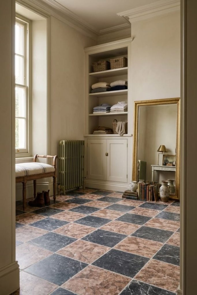 Black tan heritage checkerboard tiles.