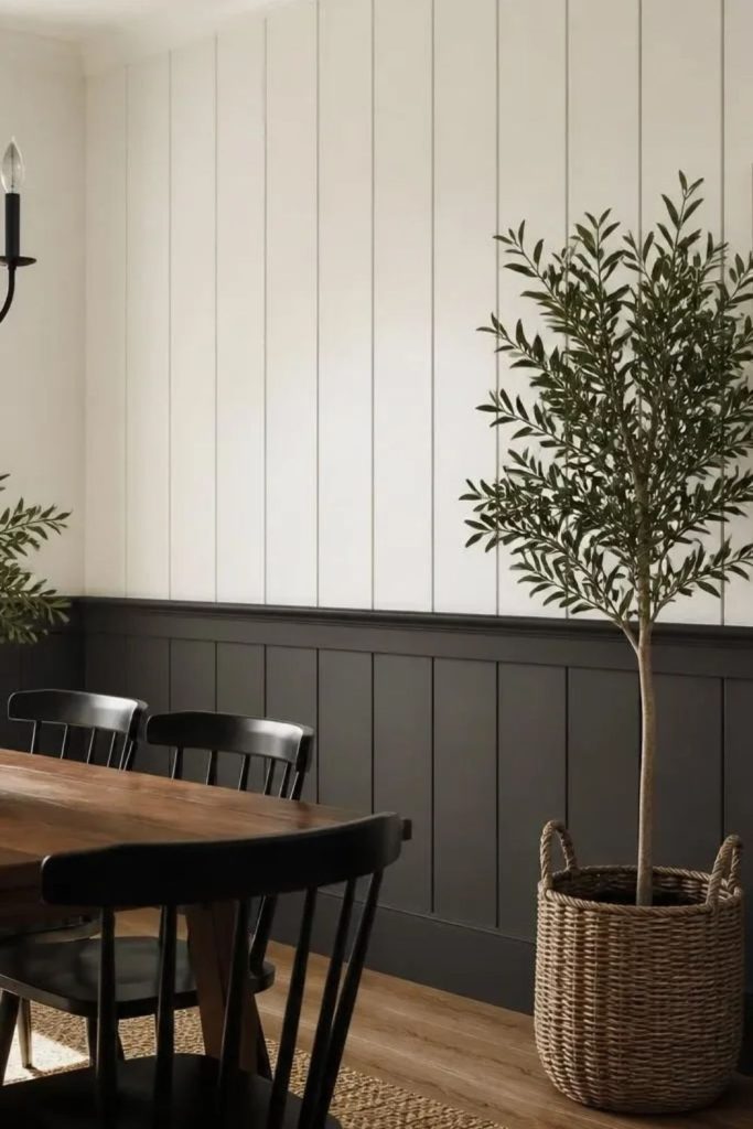 Black and white shiplap accent wall.