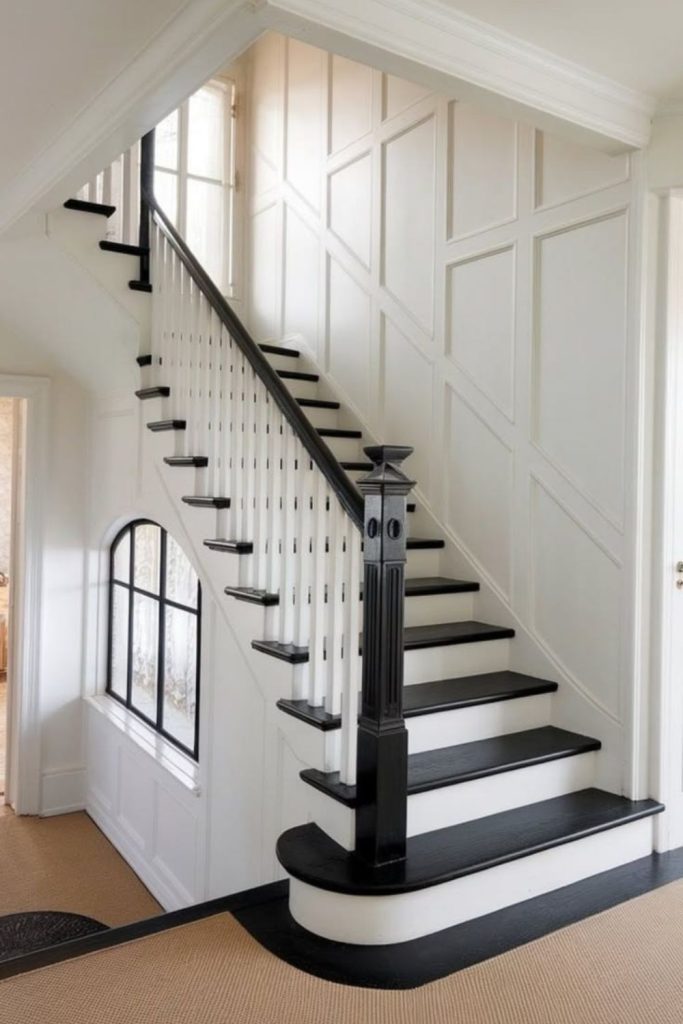 Black white graphic staircase makeover design.