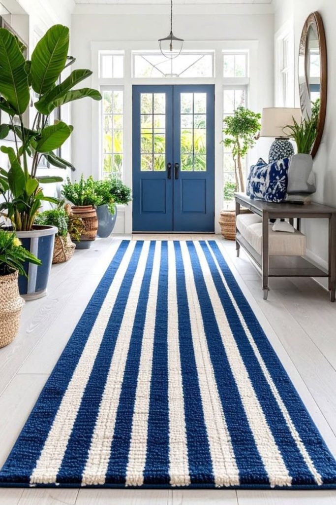 Blue striped coastal hallway runner.