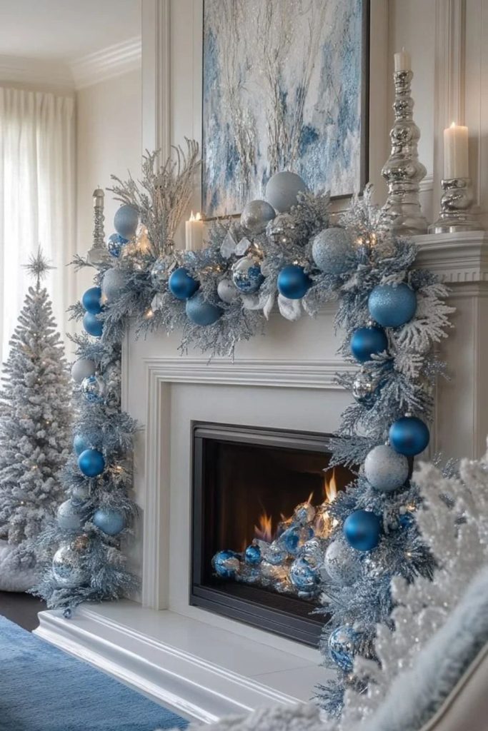 Elegant blue winter Christmas mantel décor.
