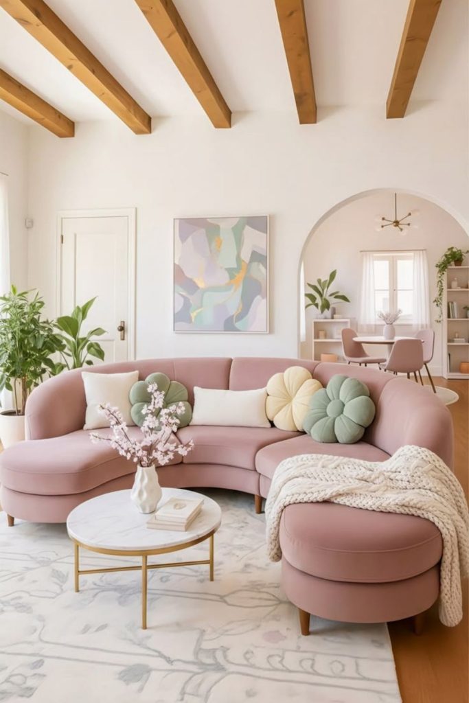 Blush curved sofa with elegant décor.