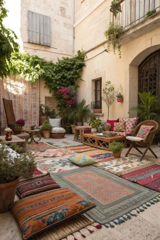 Bohemian courtyard lounge with colorful textiles.
