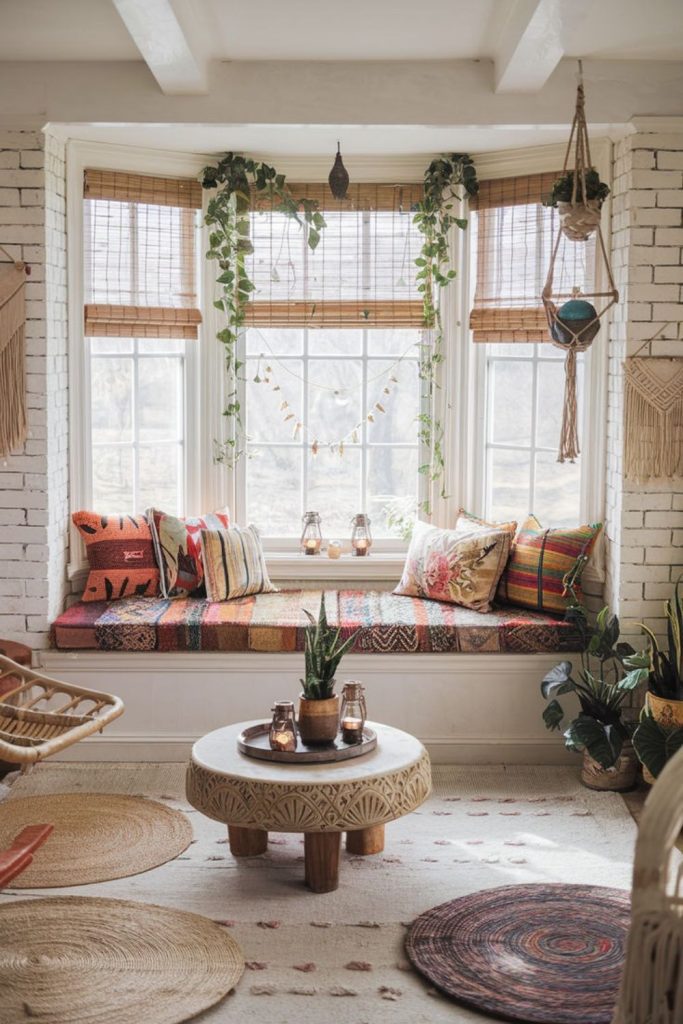 Bohemian layered bay window nook.