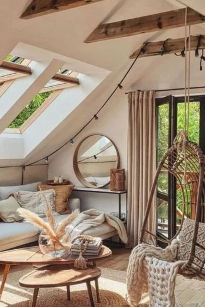 Bohemian attic bedroom with plants