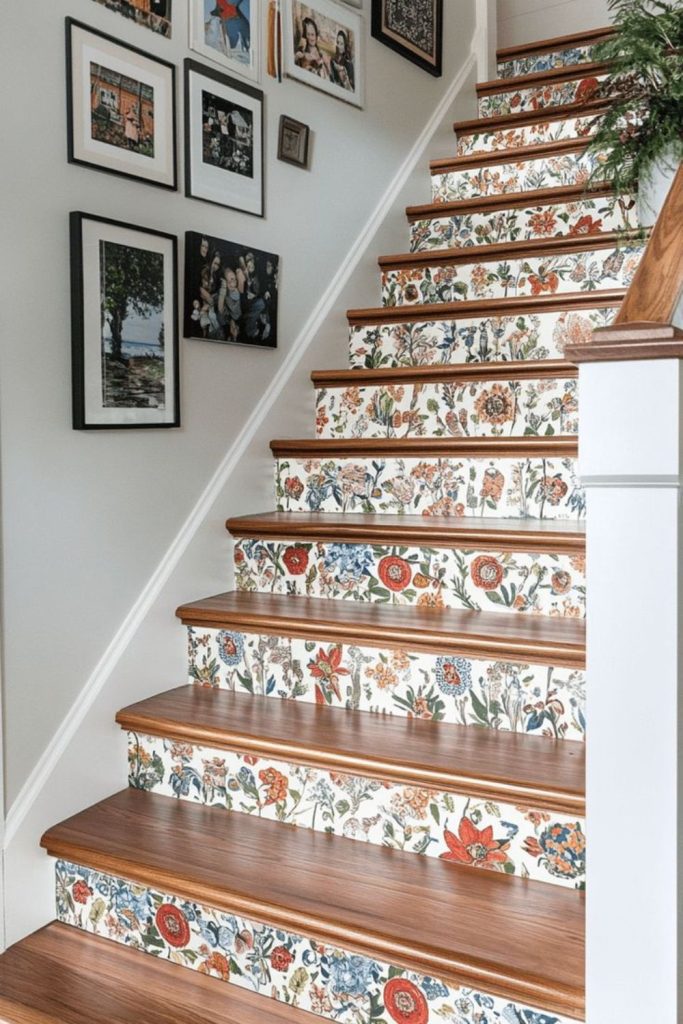 Bohemian patterned staircase with woven accents.