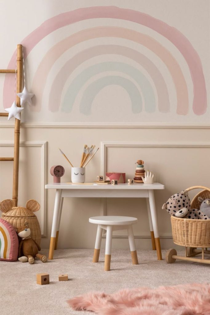 Boho rainbow-inspired cozy playroom.
