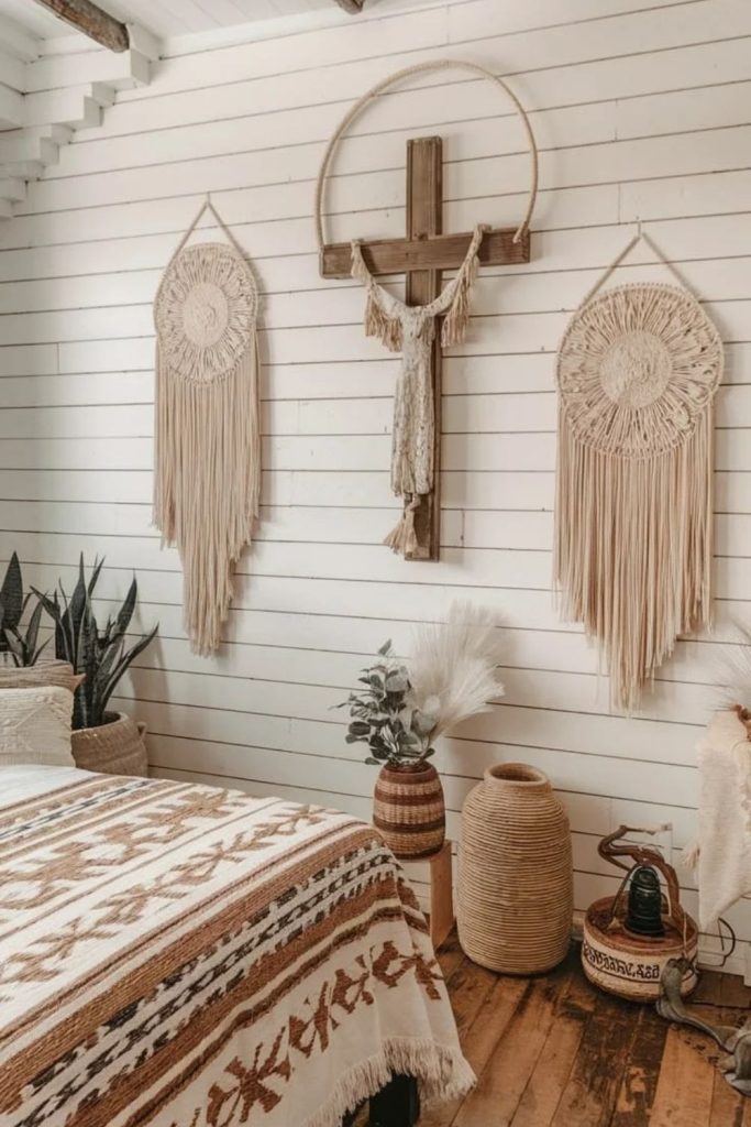 Boho textured shiplap wall with decor.