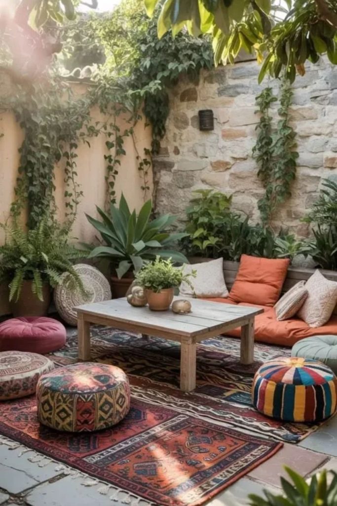 Boho tropical courtyard with rattan furniture.
